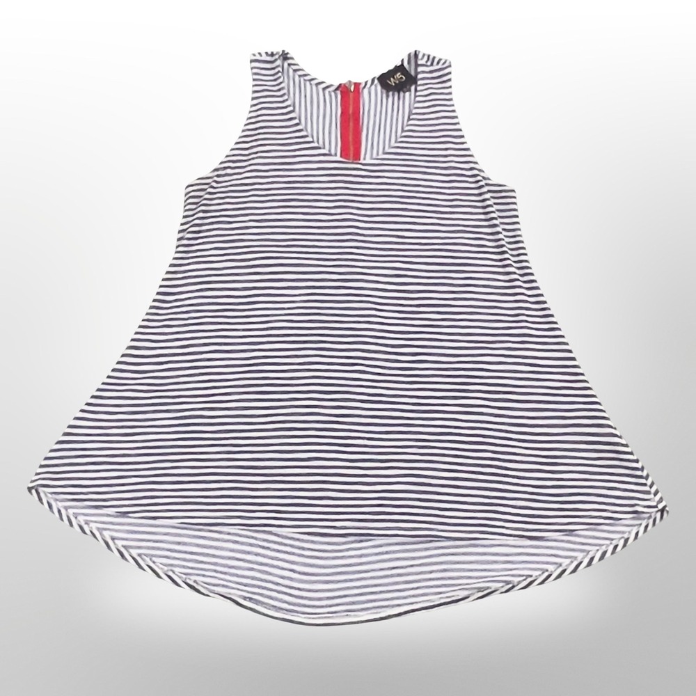 W5 Womens L Nautical Stripe Swing Tank Top Red Zip Hi-Lo Hem Made in USA